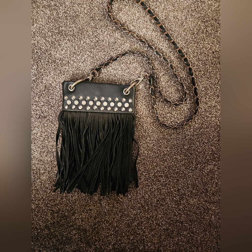 Black leather fringe cross body purse